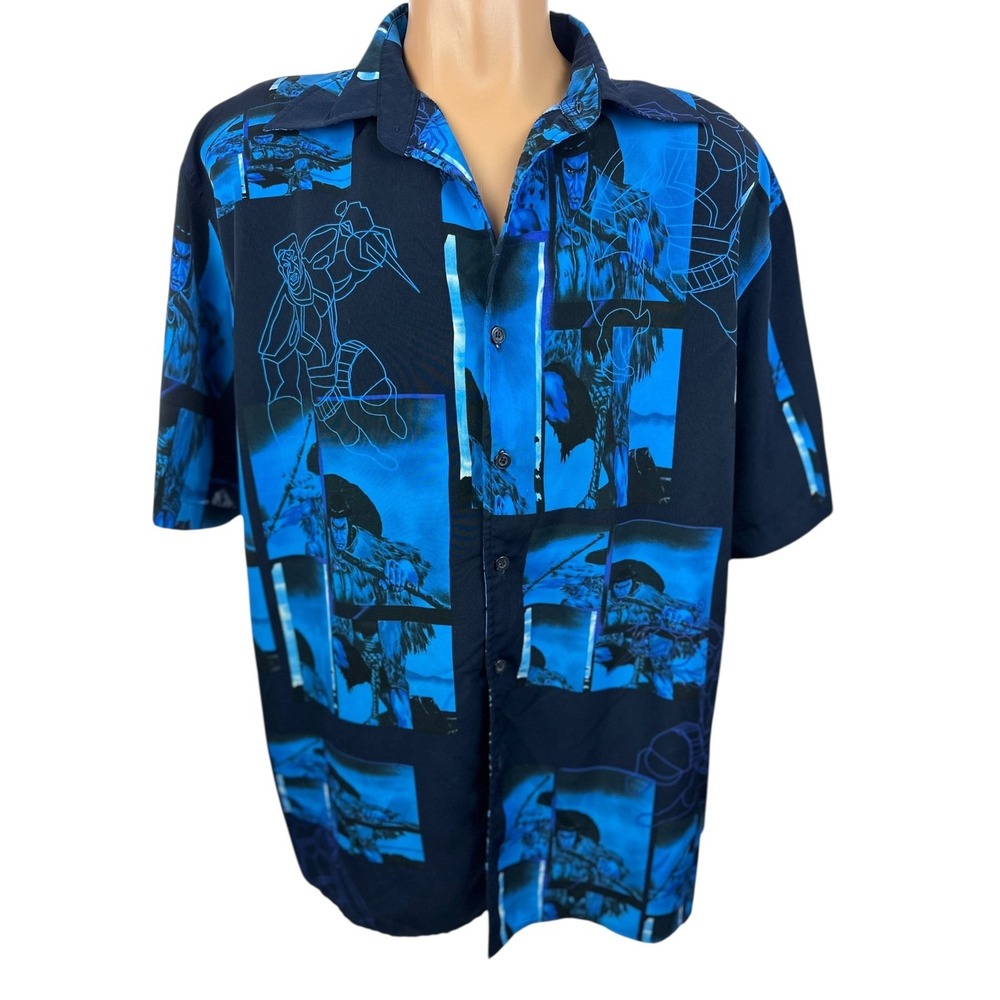 Boom Enterprise Sz L Men Shirt Short Sleeve Anime or Samurai Print Blue & Black